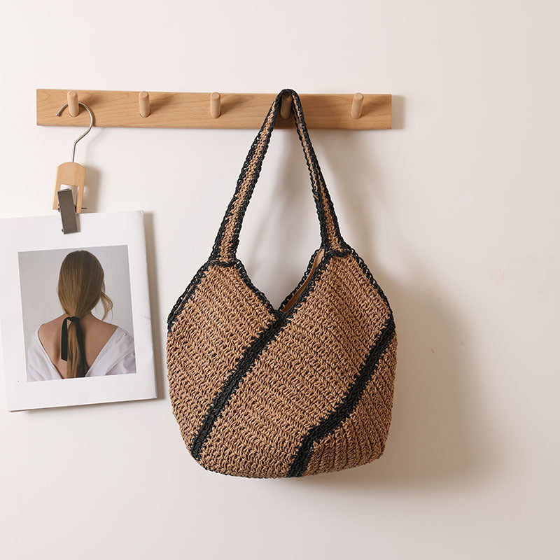 Niche Geometric Abstract Shoulder Straw Bag Color Contrast Large Capacity Straw Bag Woven Bag Seaside Vacation Beach Bag