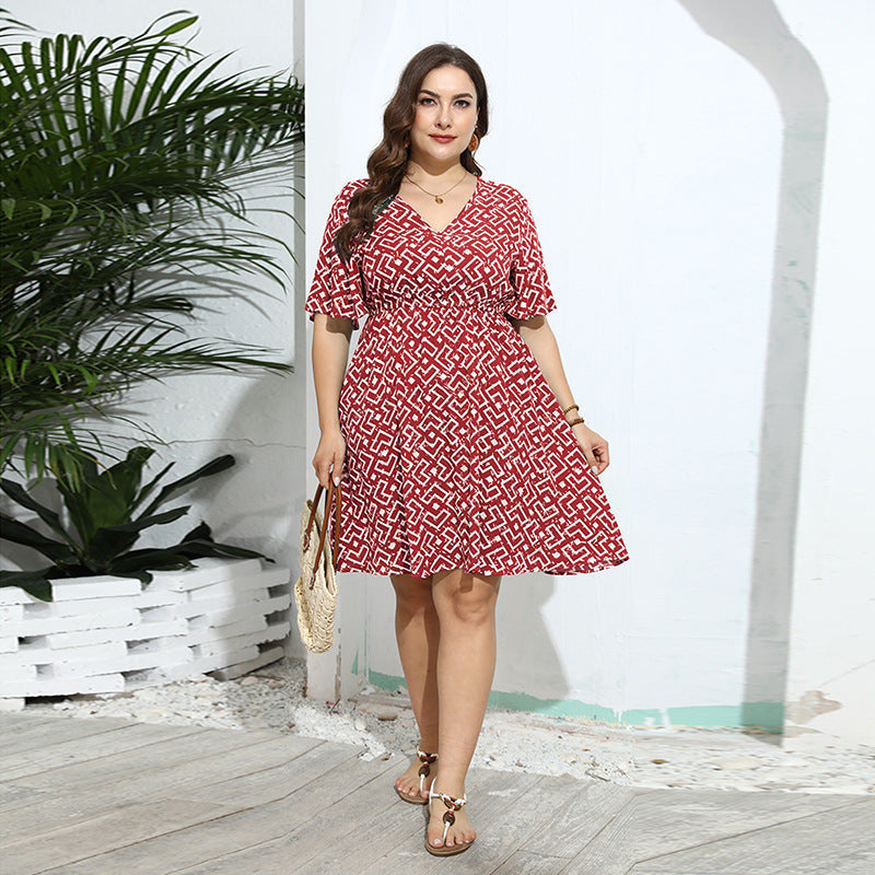 Plus Size Casual V Neck Loose Printed Short Sleeve Dress