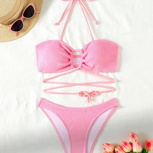 Split Swimsuit Women Hollow Out Cutout Sexy Bikini Triangle Two Piece Set Lace up Solid Color