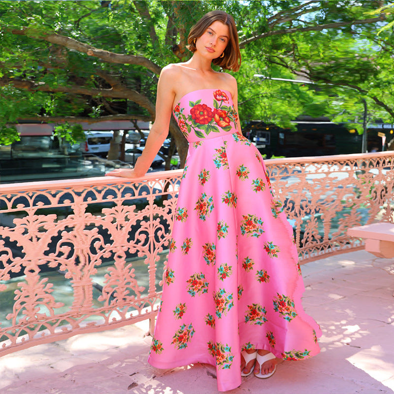 Satin Evening Dress - Strapless High Waist Floral Print Tube Top Dress