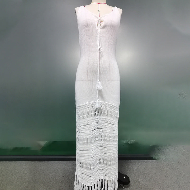 Summer Beach Dress Women Solid Color Spaghetti Straps Knitted Hollow Out Cinched Tassel Midi Dress Swimsuit Blouse Crochet hook