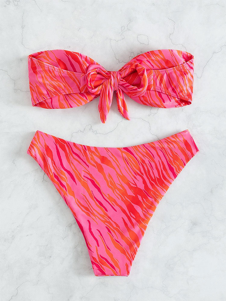 Printed Bandeau Bikini Swimsuit Sexy Backless Split Two Piece Suit Swimwear