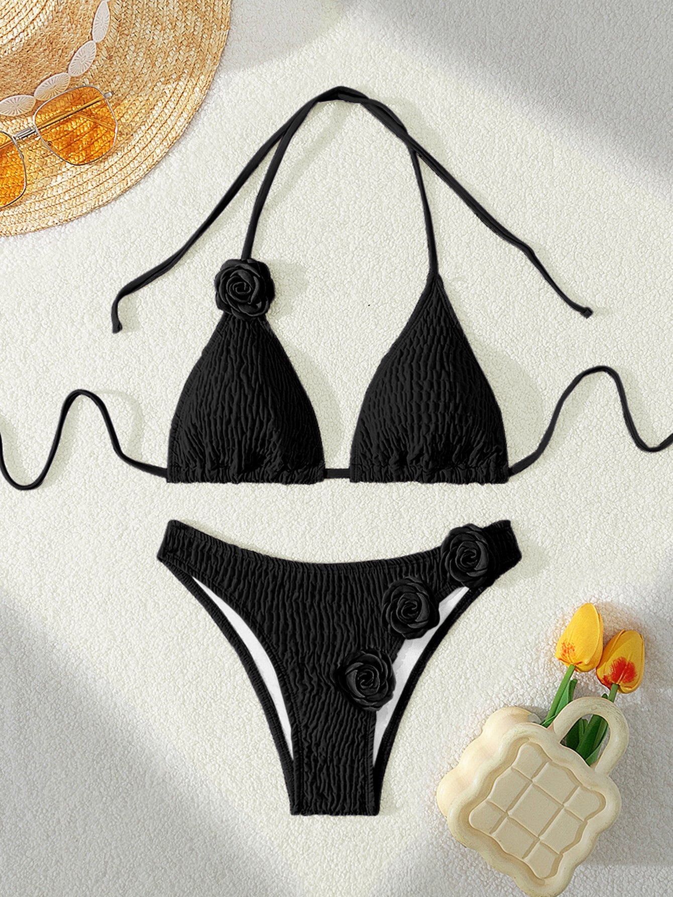 Bandage Sexy Split Swimsuit 3D Three Dimensional Floral Bikini Women Surfing Beach Wear