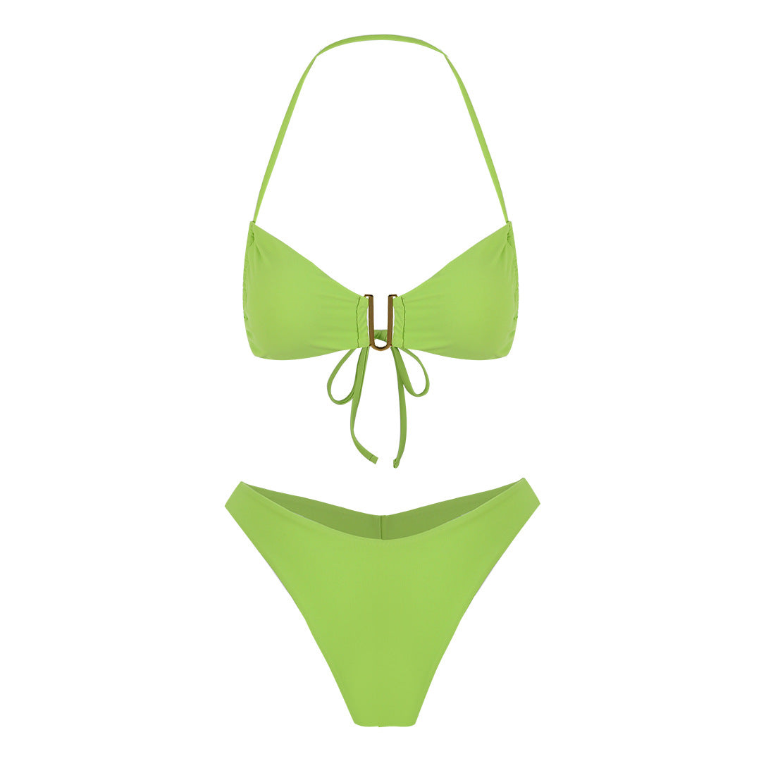 Fresh Solid Color High Slit Low Waist Bikini Sexy Split Swimsuit Women Bikini