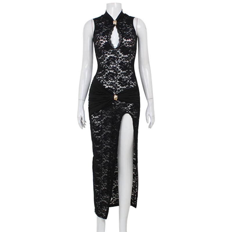 Sexy Hollow Out Cutout out Lace Design Sleeveless Slim Cheongsam High Slit Dress Women