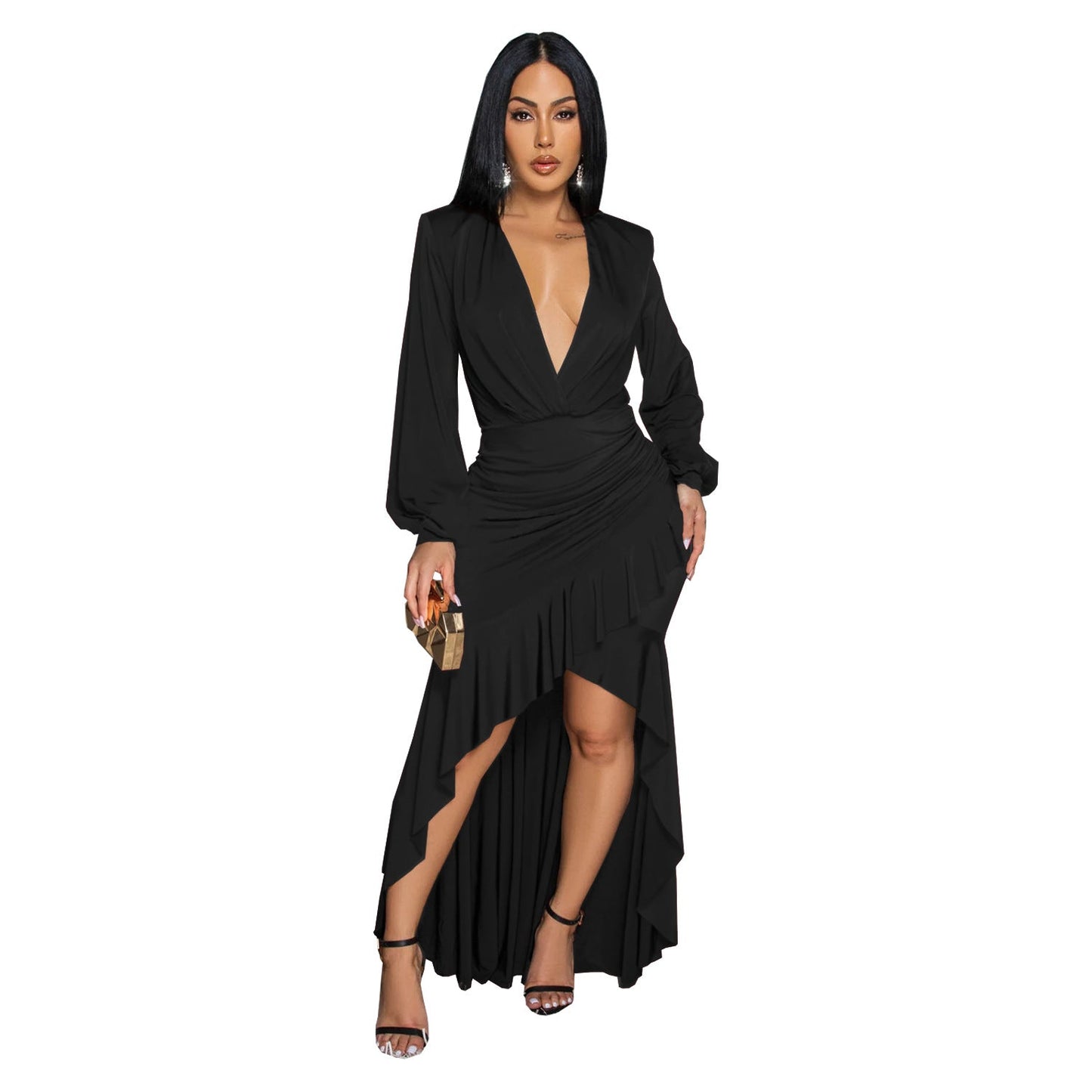 Women Wear Elegant V neck Split Long Sleeve Solid Color Dress