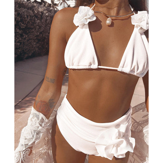 Solid Color Rib Fabric Three Point Bikini Split Swimsuit Women High Waist Strap 3D Decoration