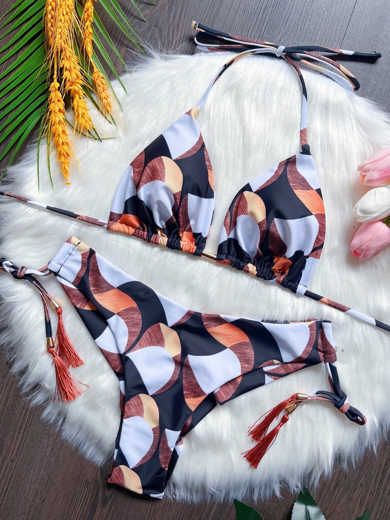 Printed Split Bikini Swimsuit Sexy Braid Rope Triangle Women Swimsuit Swimming Set