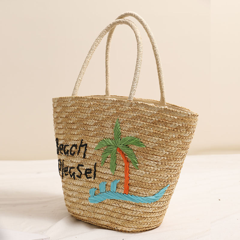 Coconut Embroidery Shoulder Straw Bag Letters Hand-Carrying Woven Bag Vacation Beach Bag Large Capacity Rattan Bag