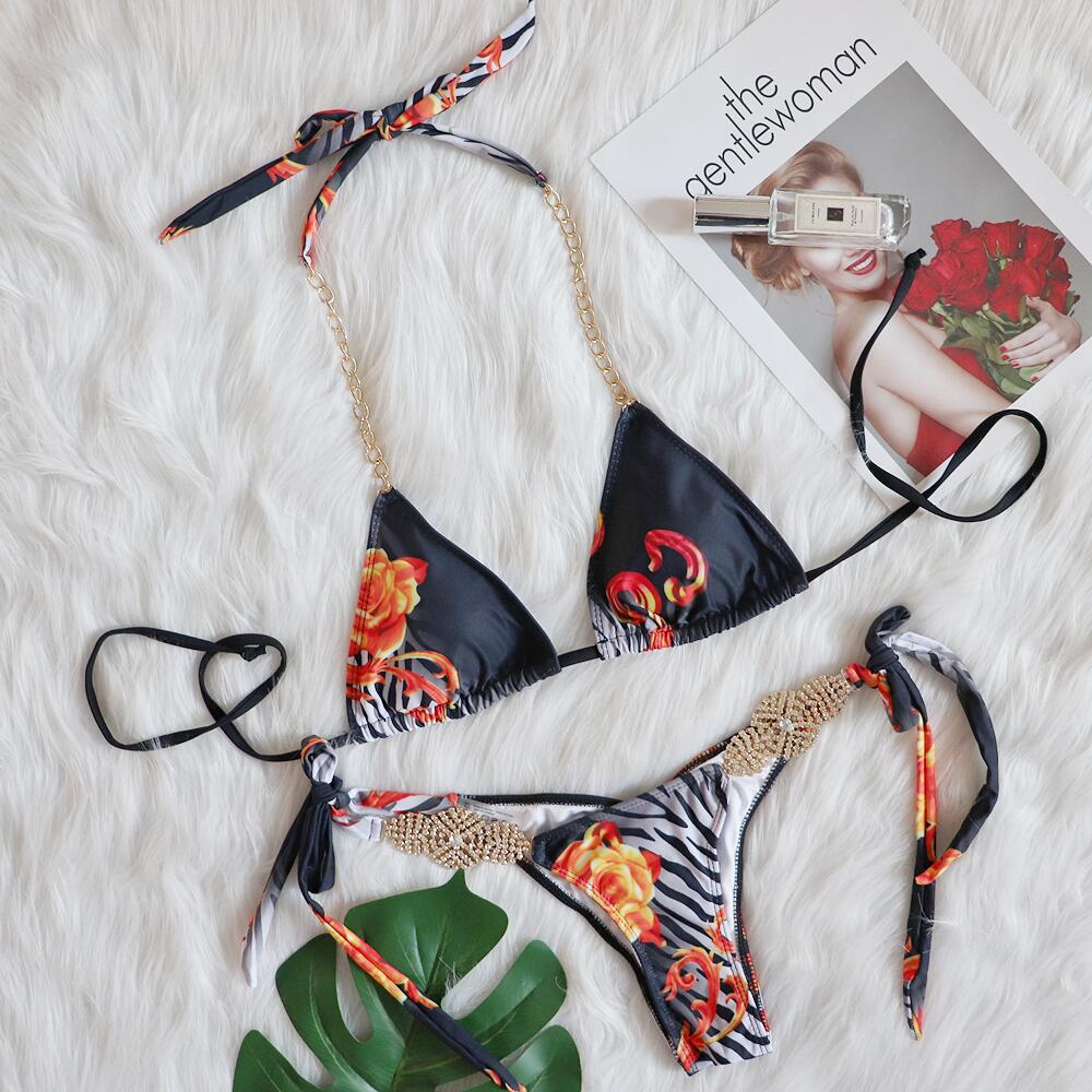 Sexy Tied Swimsuit Vacation Swimsuit Luxury Rhinestone Bikini Three-Piece Set