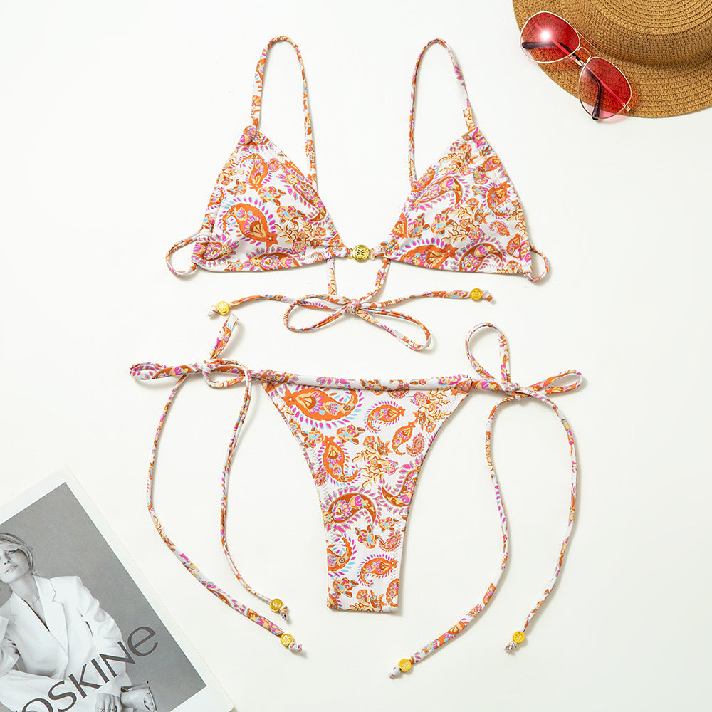 Fresh Printed Split Swimsuit Women Sexy Lace up Backless Bikini