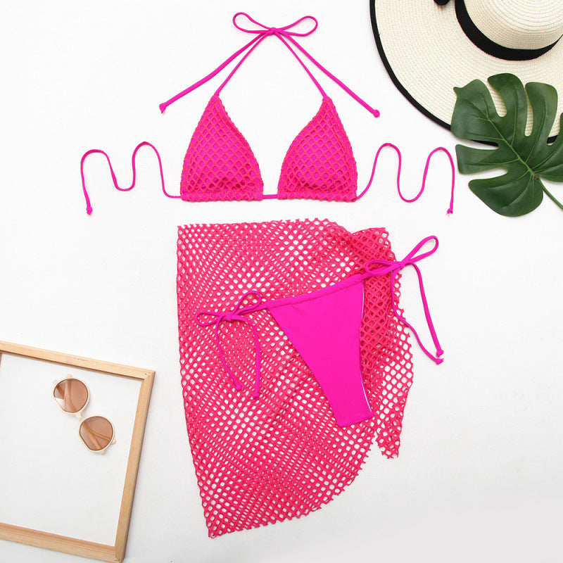 Swimsuit Women Solid Color Split Mesh Swimsuit Three Piece Sets Bikini Swimsuit