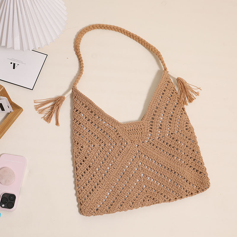 Triangle Hollow Out Cutout Cross Body Cotton Thread Woven Bag Casual Grandmother Grid Straw Bag Vacation Beach Bag Women Bag