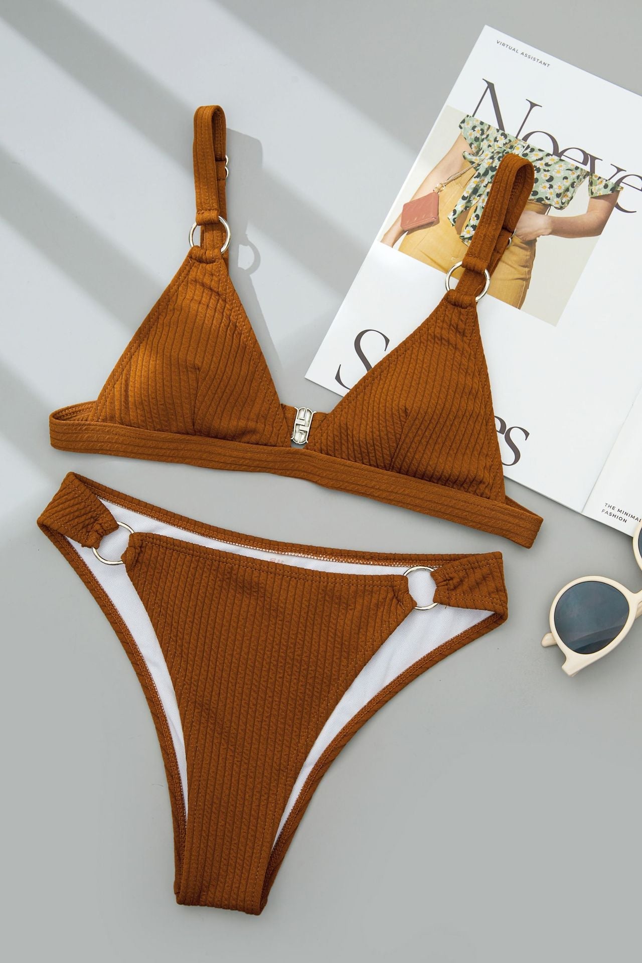 Women Swimwear Solid Color Sexy Bikini Triangle Strap Backless Split Swimsuit