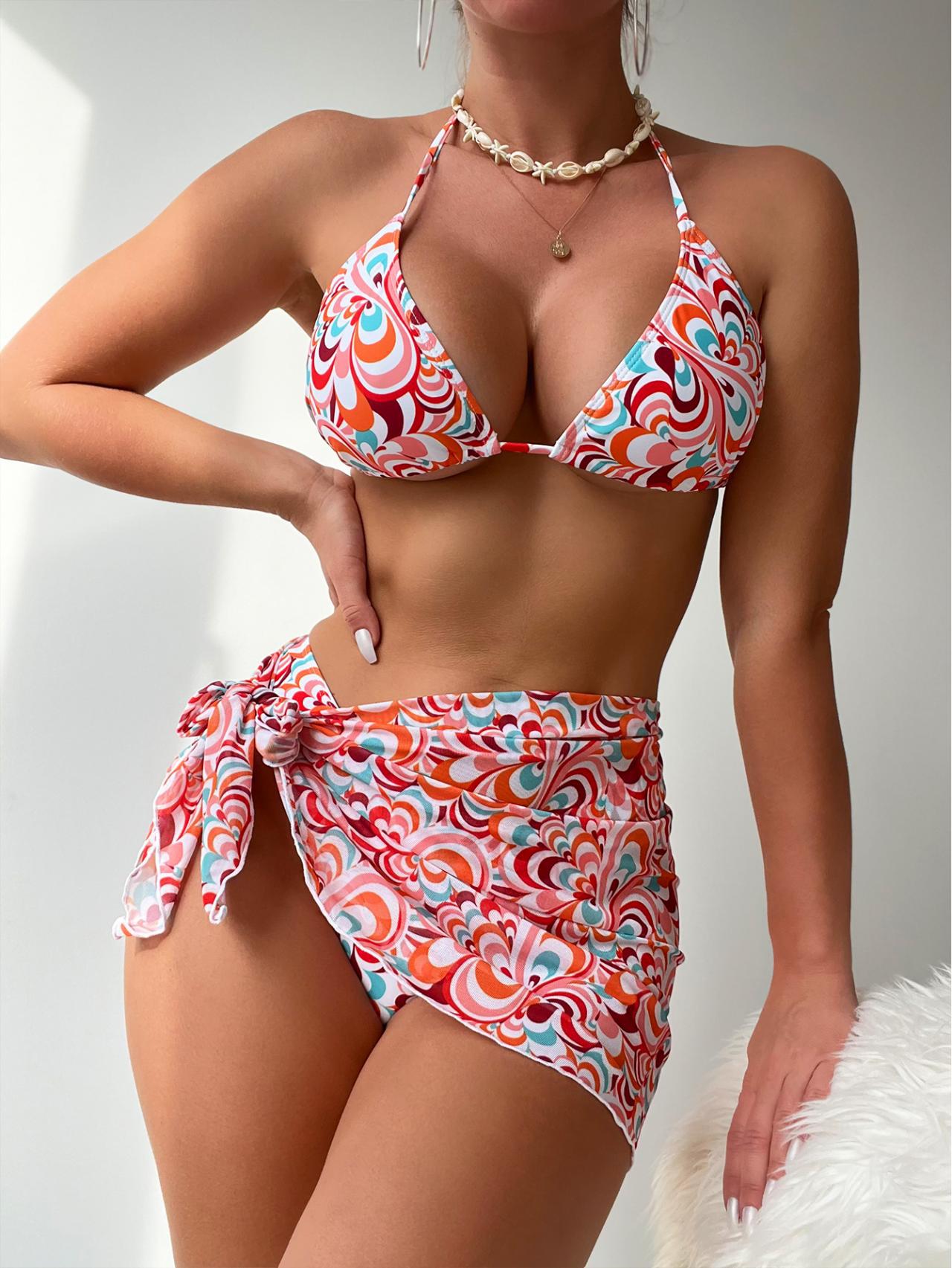 Printed Beach Dress Sexy Bikini with Chest Pad Women Fission Swimsuit Three Piece Swimsuit