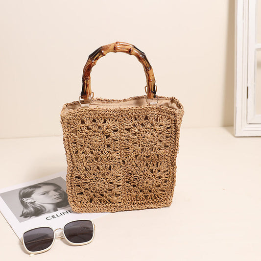 Bamboo Handle Straw Bag Paper String Square Crocheted Women Bag Fresh Casual Woven Bag Beach Bag