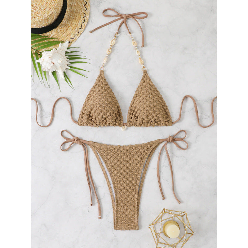 Solid Color Split Swimsuit Bikini High Grade Backless Deep V Plunge Sexy Wind Strap Design Three Point