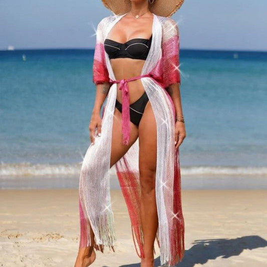 Mesh Color Matching Beach Cover up Sexy Cardigan Loose Fitting Tassel Sun Protection Shirt Beach Cover Up