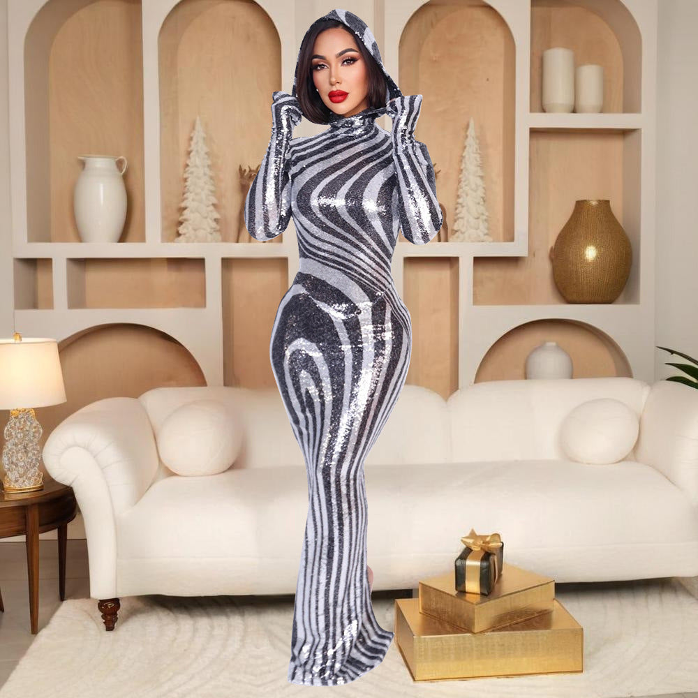 Performance Clothes Nightclub Bar Sexy Dress Hooded High Slit Maxi Dress Women Clothing
