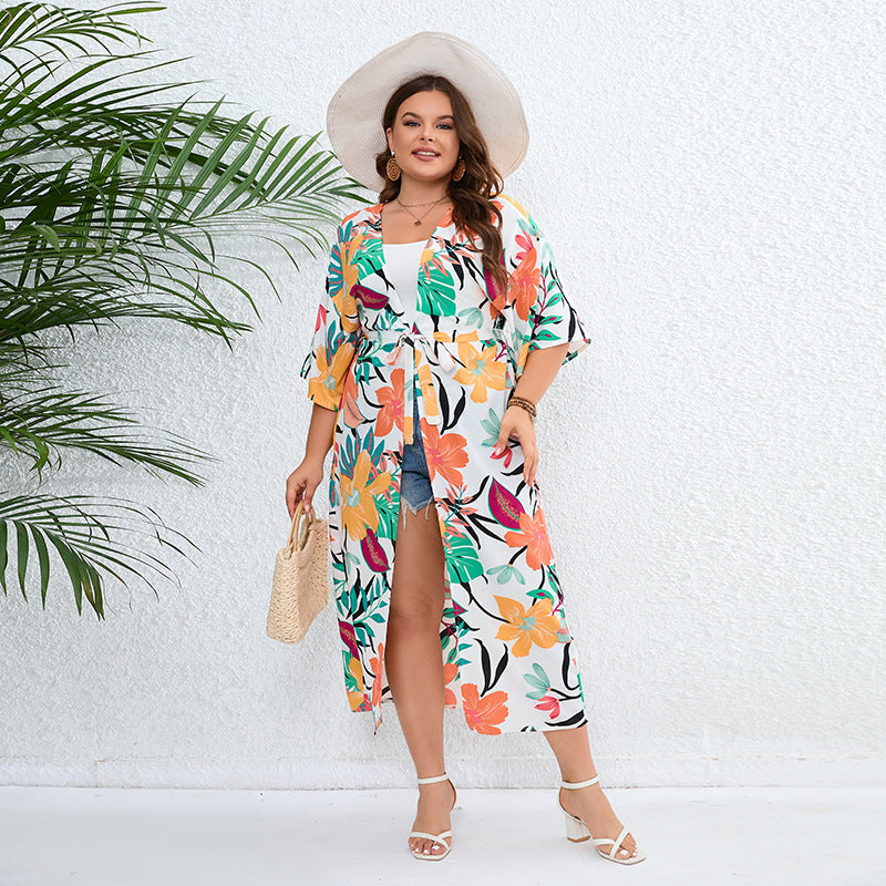 Plus Size Casual Vacation Sun Protection Clothing Bohemian Loose Printed Beach Shawl