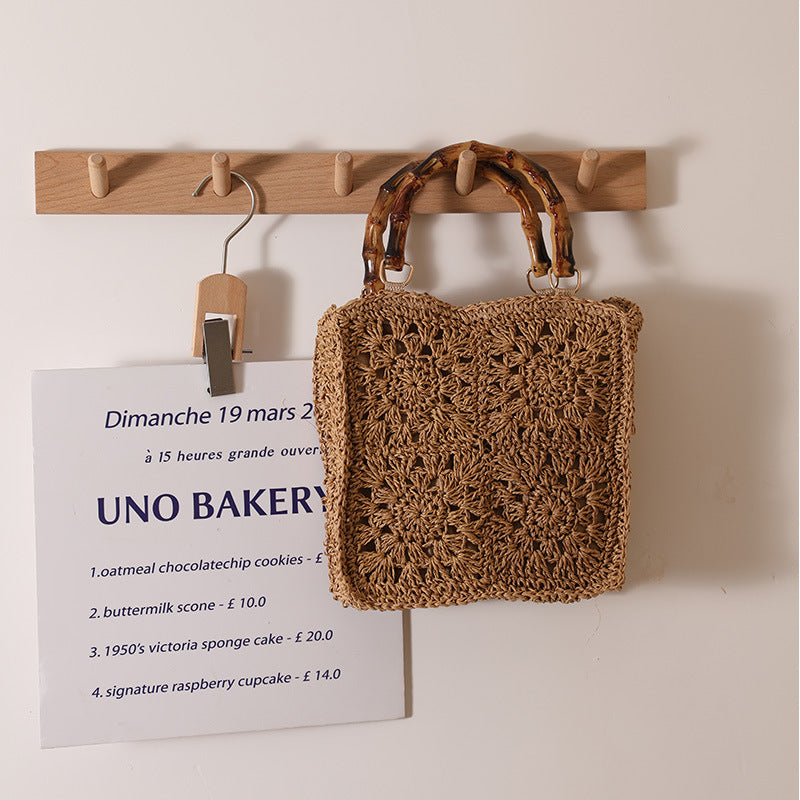 Sac en paille avec anse en bambou, carré en ficelle de papier, crocheté, pour femme, sac tissé décontracté, sac de plage 