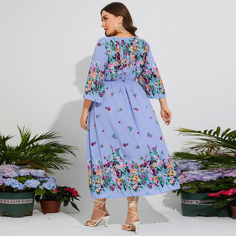 Plus Size Spring Dress Floral Chiffon Elastic Waist Flare Sleeve Vacation Dress