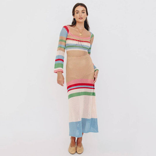 Autumn Mid-Length Dress Women Colorful Contrast Color U Collar Sexy Hollow Out Cutout Long-Sleeved Knitted Dress Women Crochet Crochet hook
