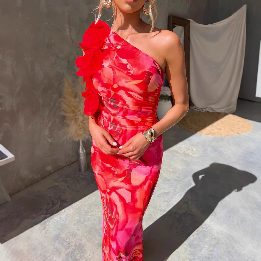 Women Clothing Summer Elegant Slim Sleeveless Three Dimensional Floral Sexy Dress