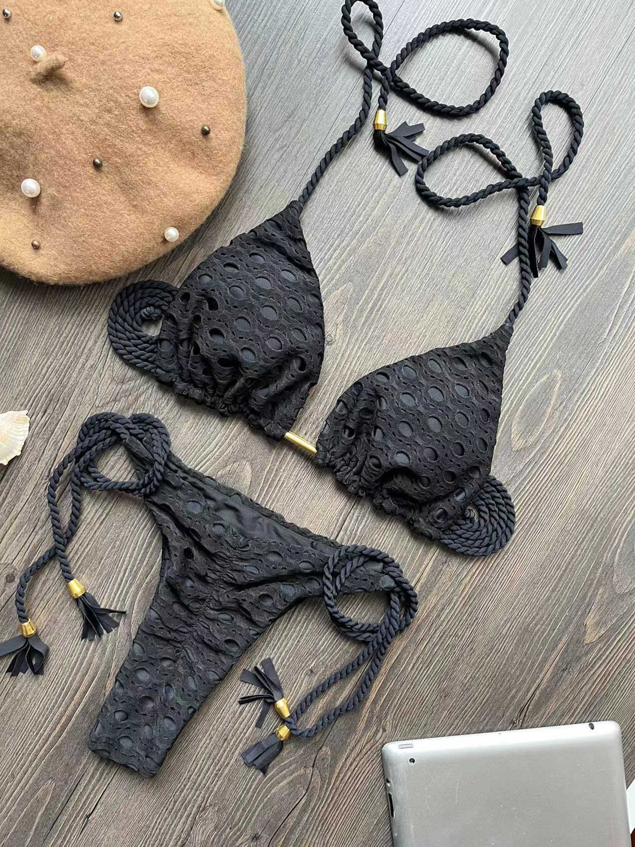 Braid Rope Hollow Out Cutout Out Fabric Bikini Swimsuit