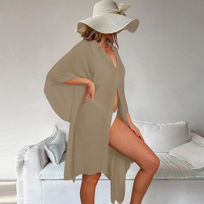 Bamboo Cotton Shirt Loose Beach Cardigan Vacation Sun Protection Clothing Beach Cover Up Swimsuit Outwear Cardigan