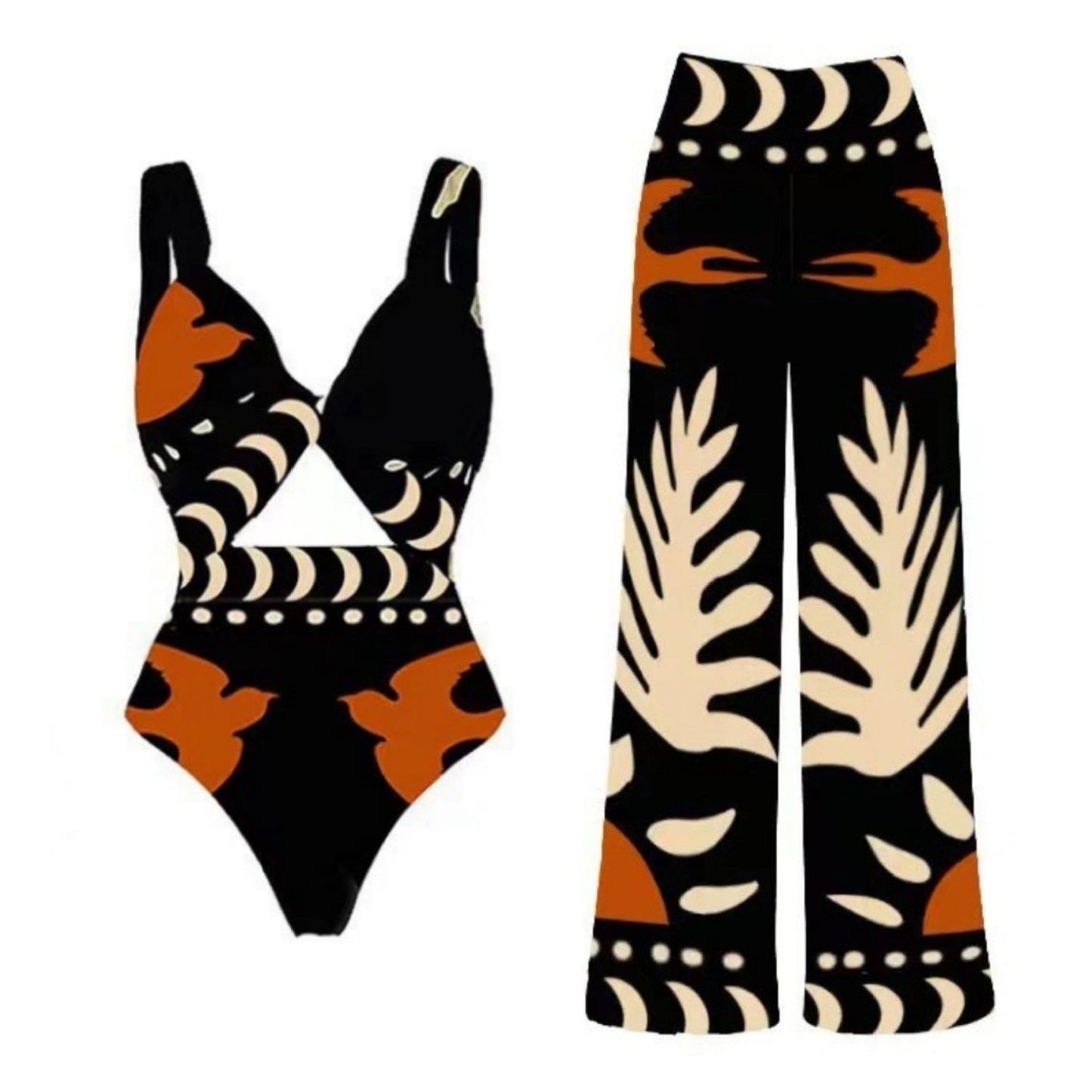 Lonkey Swimwear Retro Printed Mesh Trousers Conservative Swimwear Bikini