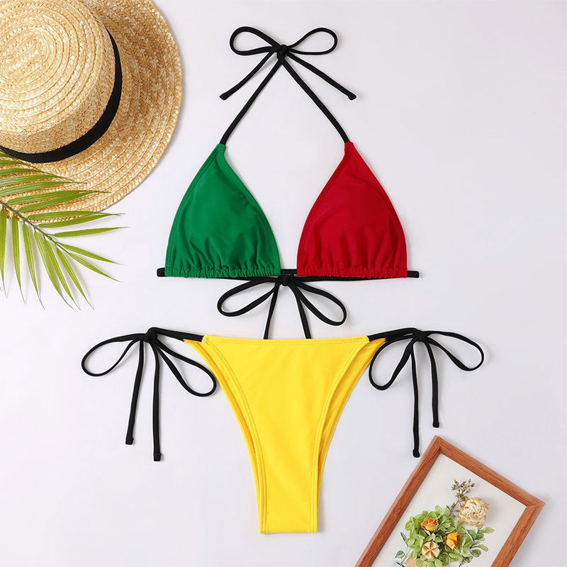 Color Contrast Patchwork Split Bikini Tied High Waist Swimsuit Women Sexy Swimsuit