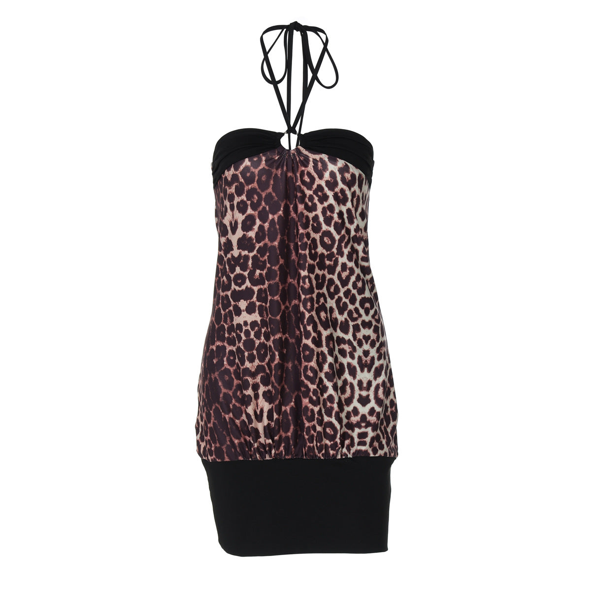 Women Clothing Summer Lace Halter Leopard Splicing Short Sexy Sheath Dress