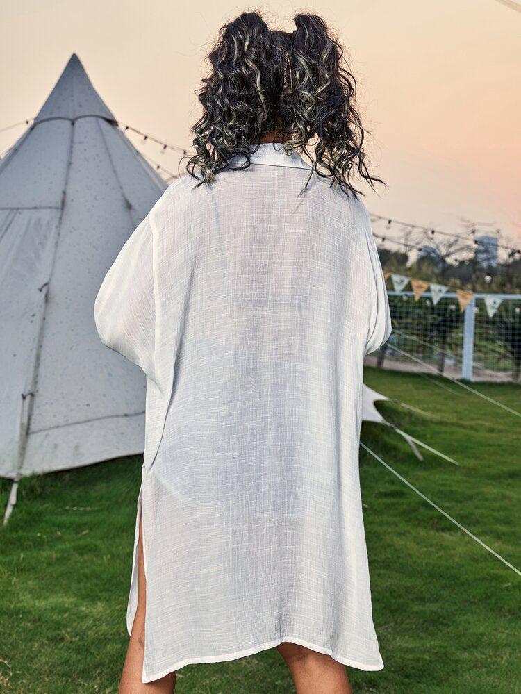 Cotton Long Sleeved Shirt Beach Cover up Vacation Sun Protection Shirt Bikini Swimsuit Outwear Cardigan