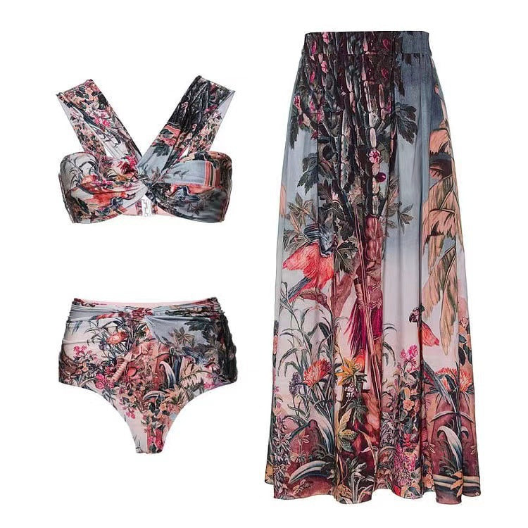 Vacation Beach Dress Swimsuit Women's Retro Printed Spring Bathing Suit Three Piece Suit