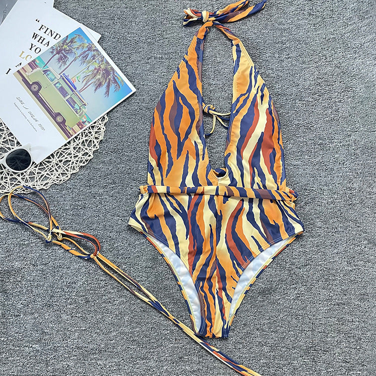 Swimwear Women Bandage Leg Travel Swimsuit Sexy Tiger Stripe Pattern Bikini