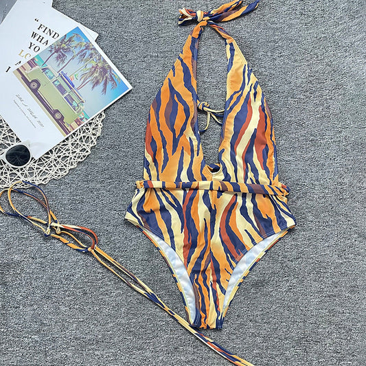 Swimwear Women Bandage Leg Travel Swimsuit Sexy Tiger Stripe Pattern Bikini