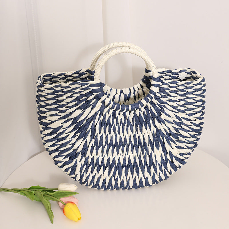 Niche Semicircle Portable Straw Weaved Bag Retro Color Hand Carrying Straw Bag Woven Bag Women Seaside Vacation Beach Bag
