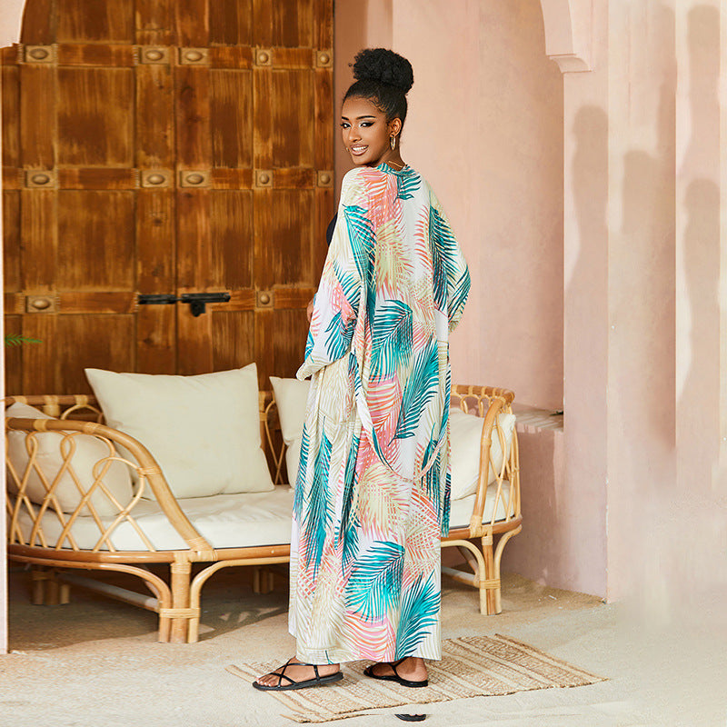 Rayon Printed Sunscreen Cardigan Beach Jacket Loose Long Vacation Bikini Swimsuit Blouse Women