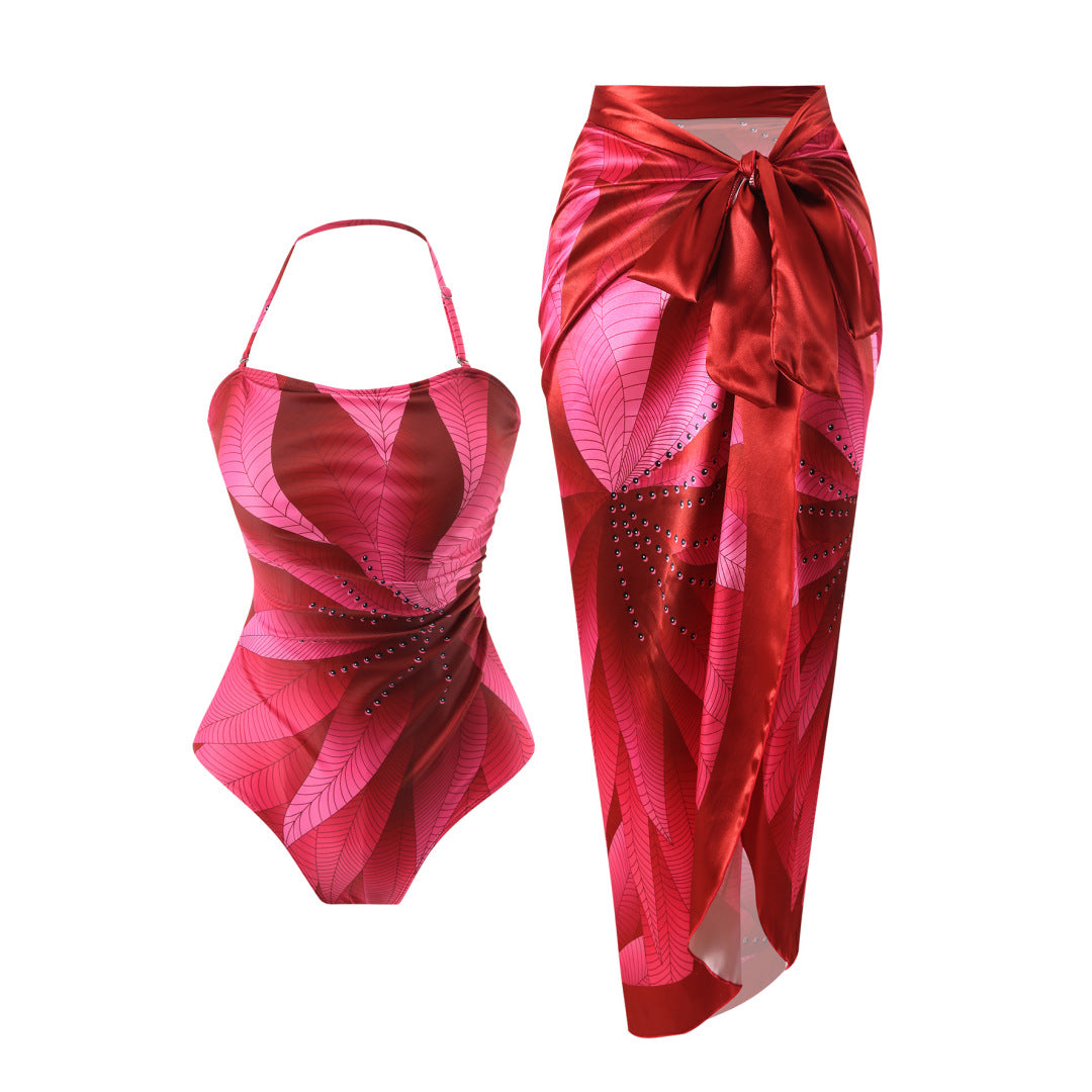 Conservative Swimsuit Digital Printed Belly Covered Halter Gauze Swimsuit for Women