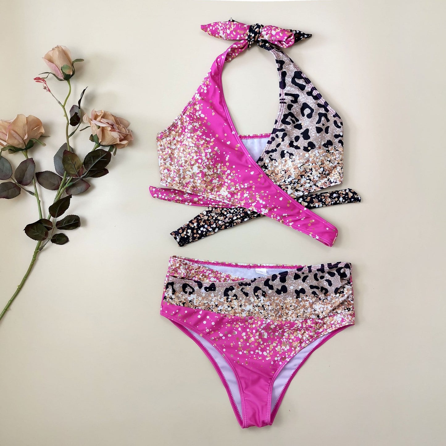 Popular Women Swimsuit Cross Leopard Print Sequin Gradient Bikini