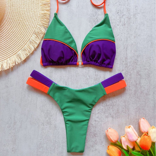 Bikini Solid Color Stitching Swimsuit Beach Sexy Women Swimsuit