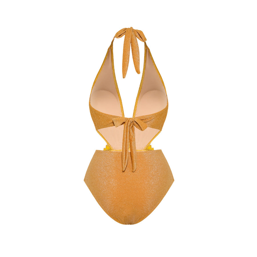 Golden Bright Surface One Piece Swimsuit Women Halter Deep V Plunge Strap Simple Sexy