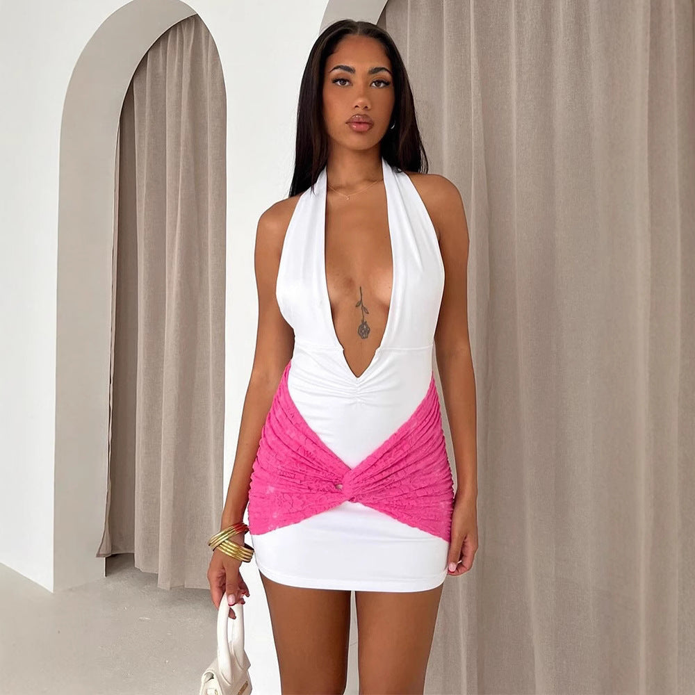 Women V neck Stitching Contrast Color Strap Backless Women V neck Dress