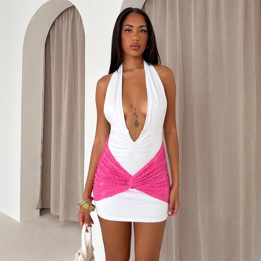 Women V neck Stitching Contrast Color Strap Backless Women V neck Dress