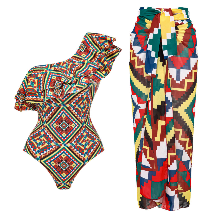 Sexy One Piece Swimsuit Women Bikini Ruffled Printed Swimsuit Chiffon Dress