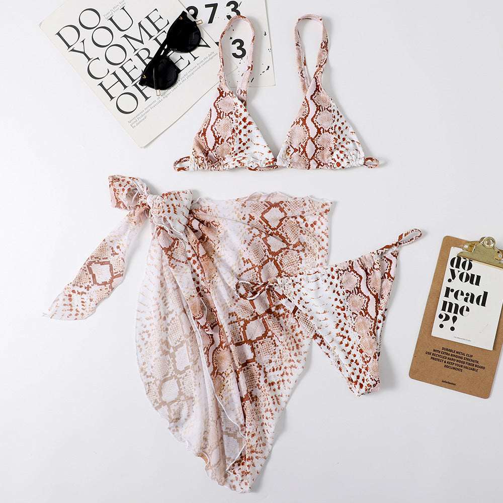 Sexy Women Triangle Split Bikini Mesh Three Piece Suit Crisp Linen Printed Women Swimsuit