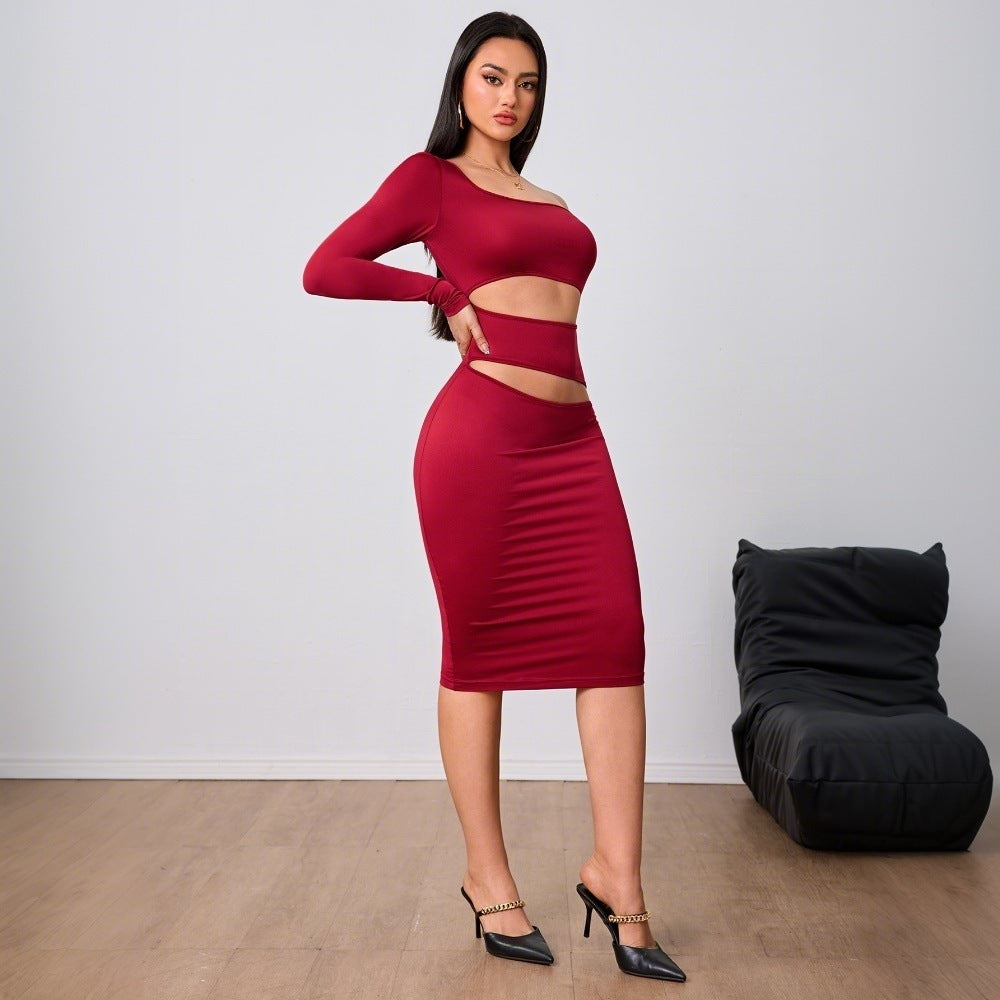 Women Clothing Wine Red Socialite Dress Autumn Winter Single Side Sleeve Midi Dress