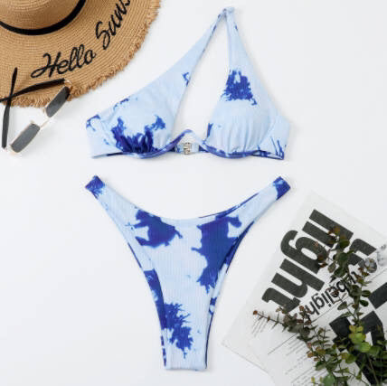 Sexy Women Seperated Swimwear Solid Color One Shoulder Underwire Bikini