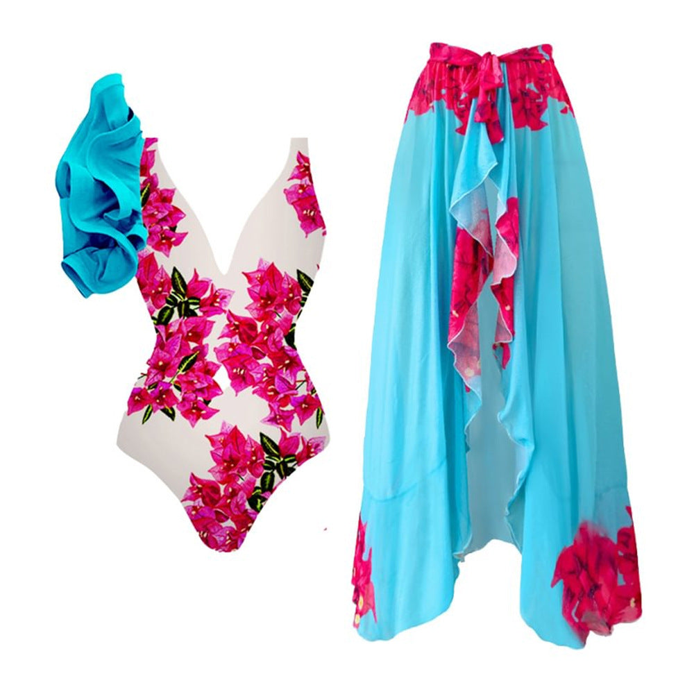 Printing One Piece Women Swimwear Suit European, French Retro Cover Belly Slimming Swimsuit